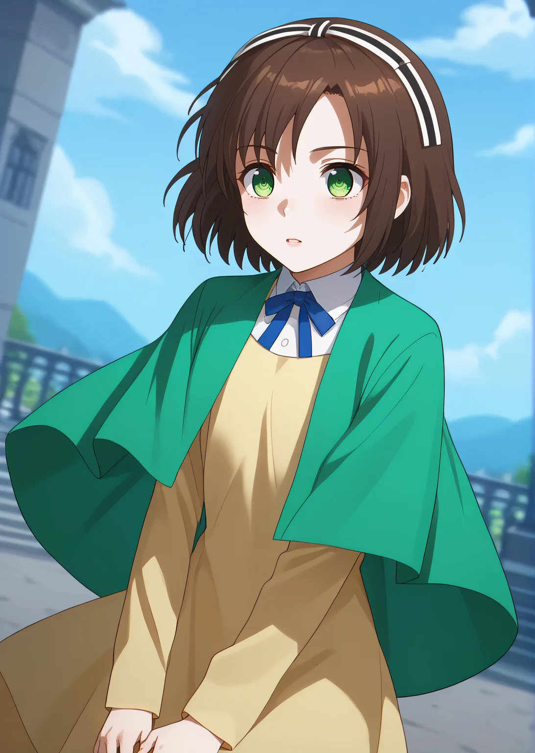 score_9, score_8_up, score_7_up, score_6_up,  rating_explicit, source_anime, cinematic shadow, cinematic light, cute and sensitive, soft skin,  characters focus, detailed eyes, detailed skins,   <lora:StS_age_slider_v1_initial_release:-1>, <lora:StS_detail_slider_v1:3> , <lora:Saegusa_Izumi:1>izumi, brown hair, eyebrows visible through hair,bangs, short hair,green eyes, hair ribbon,alternate costume, green capelet, cleavage, yellow long dress, green eyes,blue ribbon, pantyhose, dutch angle, falling,