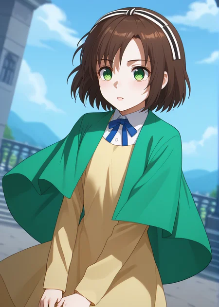 score_9, score_8_up, score_7_up, score_6_up, rating_explicit, source_anime, cinematic shadow, cinematic light, cute and sensitive, soft skin, characters focus, detailed eyes, detailed skins, <lora:StS_age_slider_v1_initial_release:-1>, <lora:StS_detail_slider_v1:3> , <lora:Saegusa_Izumi:1>izumi, brown hair, eyebrows visible through hair,bangs, short hair,green eyes, hair ribbon,alternate costume, green capelet, cleavage, yellow long dress, green eyes,blue ribbon, pantyhose, dutch angle, falling,