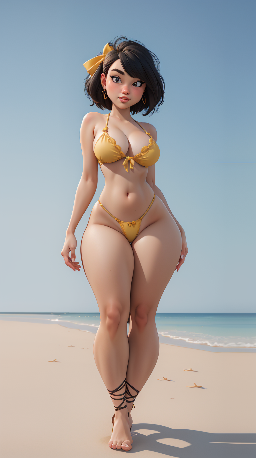 high detailed, masterpiece <lora:p3r3zstyle:1> 1girl cartoon character in a yellow bikini, short black hair, perfect hands, big breast, wide hips, thick thighs, blue bow on her head, ultra realistic digital art, a 3D render, photorealism, beach scene