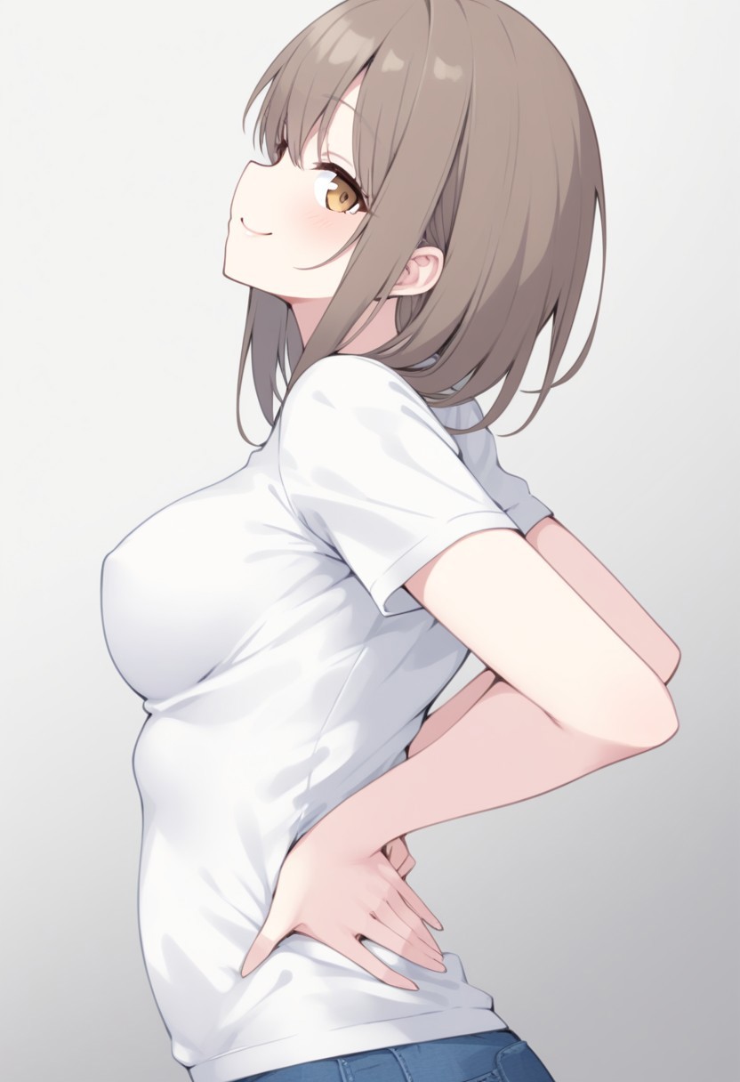 girl, (hands on own back), perfect hands,
from side, looking at viewer, smile, (bloated stomach:0.7), medium breasts
