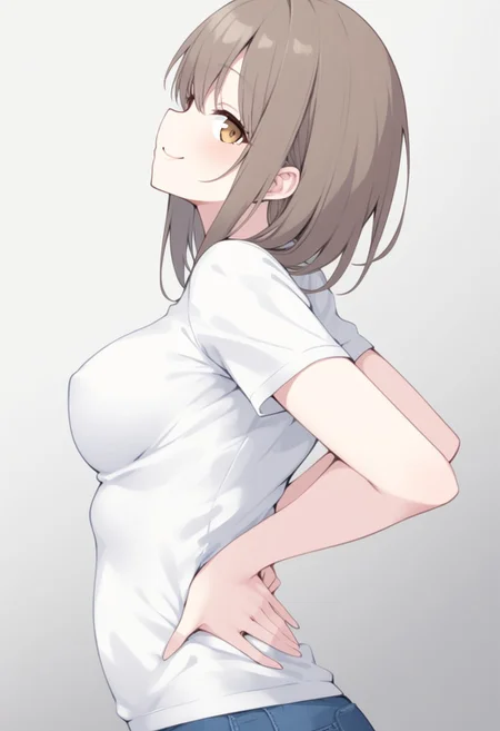 girl, (hands on own back), perfect hands,
from side, looking at viewer, smile, (bloated stomach:0.7), medium breasts