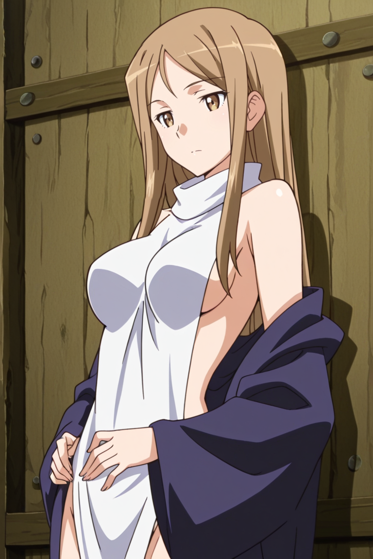 masterpiece, best_quality, 8k, ,source_anime, , , 1girl, sideboob, brown eyes, breasts, long hair, robe, medium breasts, brown hair, blonde hair, solo