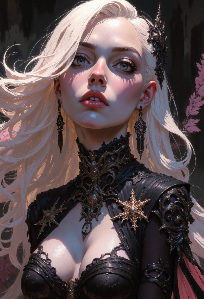hyper sexualized, A highly detailed, photorealistic close-up portrait of a stunning young woman with long, flowing platinum blonde hair subtly tinted with pink. Her piercing blue eyes gaze directly at the viewer with a captivating intensity. She wears bold red lipstick and soft, luminous makeup that enhances her delicate features. Her attire is a gothic-inspired black lace top with intricate detailing, paired with a black choker adorned with subtle gold accents. Her look is completed with ornate, dangling black earrings that complement her gothic aesthetic. The background is softly blurred with dark, moody tones, creating a mysterious and elegant atmosphere. The lighting is soft and directional, casting a gentle glow on her face and highlighting her ethereal beauty.
<lora:gopFLUX:0.5>   <lora:flux.1_lora_flyway_Epic-detail_v2:0.7> <lora:VividlySurreal:0.6>