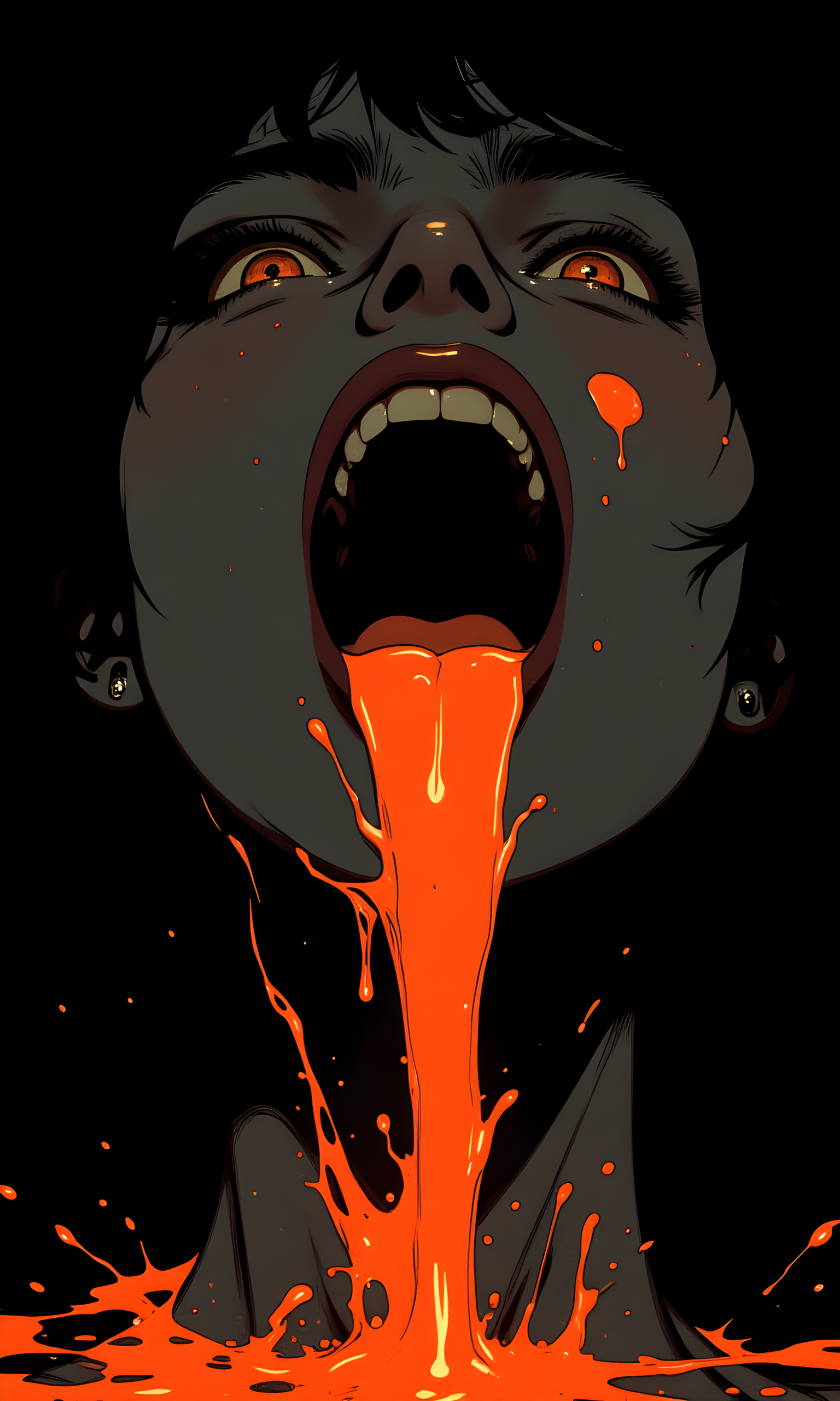 The image is a highly stylized and intense digital artwork of a woman face, rendered in dark and moody tones. The subject's mouth is open, with a bright orange liquid, resembling blood or some other substance, flowing out and cascading down their neck and chest. The colors are stark, with the vivid orange standing out sharply against the muted grays and blacks of the rest of the image.
The camera appears to be positioned directly in front of the subject, capturing their face in a close-up shot. The lighting is dramatic, with strong contrasts between light and shadow. The light seems to be coming from above, casting shadows that accentuate the contours of the face and the flow of the liquid. The overall effect is one of tension and unease, as if the subject is experiencing something traumatic or intense.
The background is entirely dark, with no other objects or elements present. This solid black backdrop serves to isolate the subject and make the bright orange liquid stand out even more. The use of negative space enhances the impact of the colors and the details of the liquid flow.
The composition centers the subject's face in the frame, with the lines of the liquid leading the viewer's eye down the length of the image. The use of color and texture creates a sense of movement and energy, making the image feel dynamic and alive. The overall effect is both striking and unsettling, evoking a range of emotions in the viewer.
BREAK anime, d13s3lp2nk, bboil artist style, OBdonman, Anime art, <lora:FLUX\Anime Art V3:0.2>, <lora:FLUX\Synesthesia:0.2>, <lora:FLUX\RetroAnimeS1.1:0.5>, <lora:FLUX\Flux-jijia:0.1>, <lora:FLUX\It's a LoRA for portraits, BUT! actually specialized in backgrounds. v1.0:0.1>, <lora:FLUX\GLSHS:0.2>, <lora:FLUX\Dieselpunk Delight - s0_9 g4:0.4>, <lora:FLUX\OBdonman, anime0style portrait:0.1>