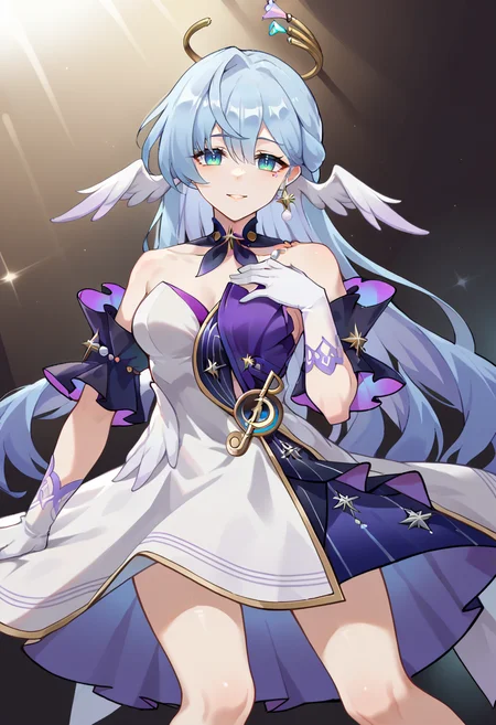 score_9, score_7_up, source_anime, BREAK solo,  <lora:Char-HonkaiSR-Robin-Pony-V1:0.9> robin \(honkai: star rail\), head wings, halo, earrings, detached collar, sleeveless dress, detached sleeves, white gloves, blue pumps, light smile, (hand on own chest:1.2), outstretched arm, stage, spotlight,