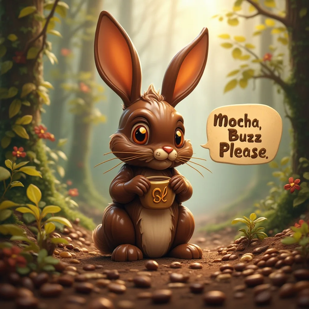 A coffee themed scene with a cute chocolate and coffee bunny in a coffee bean forest, coffee bean flowers, looking at viewer, word balloon reads "Mocha Needs Buzz, Please", ral-cofzee