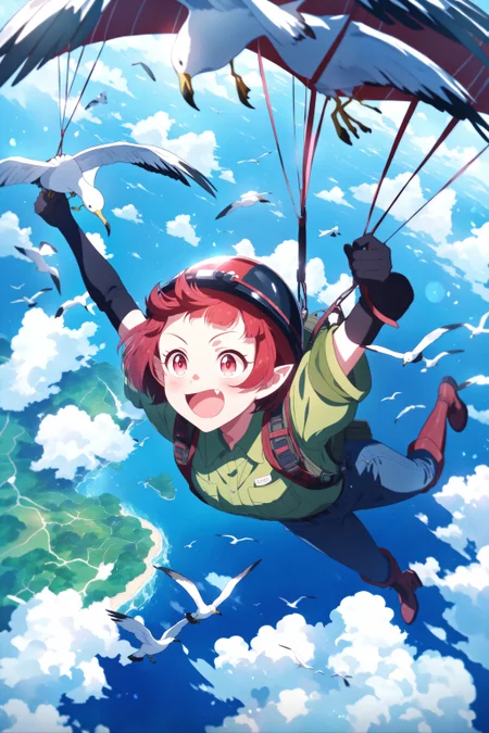 (masterpiece, best quality:1.2), amazing quality, very aesthetic, absurdres, perfect detail, anime screencap,
flying, ocean, island landscape, seagull, cloud,
glying, parachute, holding strap, smile, open mouth, blush, fang,
solo, jigita, red hair, short hair, pointy ears, helmet, collared shirt, sleeves, elbow gloves, denim pants, boots,
<lora:XL_Anima4_gomaotsu-digitalis-t1:0.9>