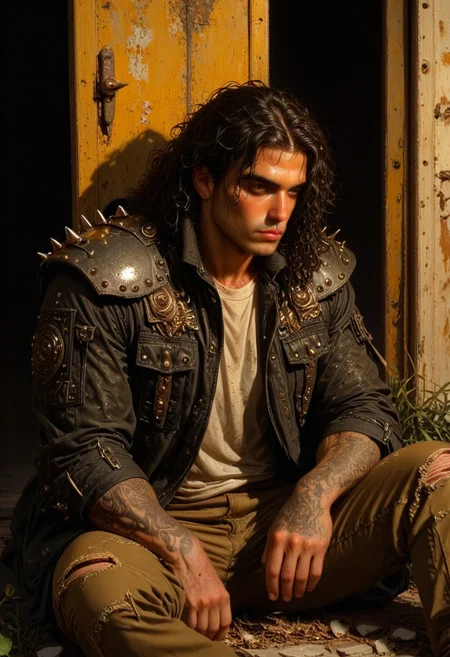 score_9, score_8_up, score_7_up, best quality, fine detail, digital painting, 1boy, solo, long curly wet black hair, muscular, black leather jacket with spikes, shoulder pad, handsome, sitting on the ground, wearing ripped jeans, wrinkled clothing, worn out tattered clothing, relaxing, carefree, melancholy, very detailed background, gritty, amber lighting, deep shadows, vivid detail, interesting composition, 8K, UHD, goonguy