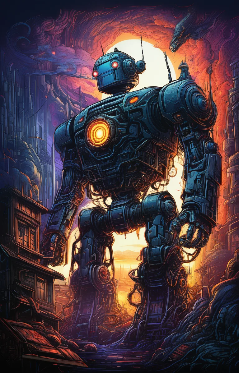 masterpiece,best quality,<lora:tbh160-sdxl:0.9>,illustration,style of Dan Mumford,portrait of robot,