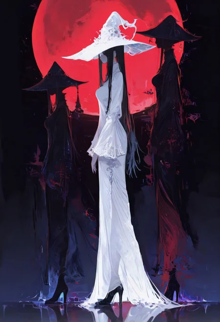 masterpiece,best quality,amazing quality, 1girl, solo, long hair, breasts, black hair, long sleeves, dress, hat, closed mouth, very long hair, standing, full body, black footwear, white dress, from side, high heels, white headwear, witch hat, moon, reflection, long dress, witch, covered eyes, red moon, reflective floor, backlighting, konya karasue <lora:illustriousXL_stabilizer_v1.23:0.3> <lora:NOOB_vp1_detailer_by_volnovik_v1:0.3> <lora:ponyv6_noobE11_2_adamW-000017:0.3> <lora:mon_monmon2133:0.6> <lora:r17329_illuu:0.55> <lora:XXX667:0.7>