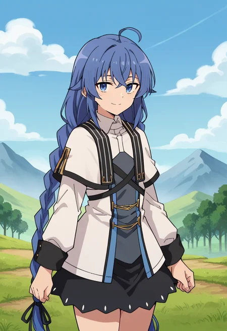 score_4, score_5, score_6, score_9, score_8_up, score_7_up, source_anime,
<lora:MushokuTensei_RoxyMigurdiaXL:0.8>, RoxyMigurdia,
1girl, closed mouth, smile,
blue hair, twin braids, long hair, bangs, blue eyes, ahoge,
RoxyDress, white capelet, dress, cross-laced clothes, long sleeves, black skirt,
looking at viewer, facing viewer,
outdoors, scenery, mountain, grass, tree