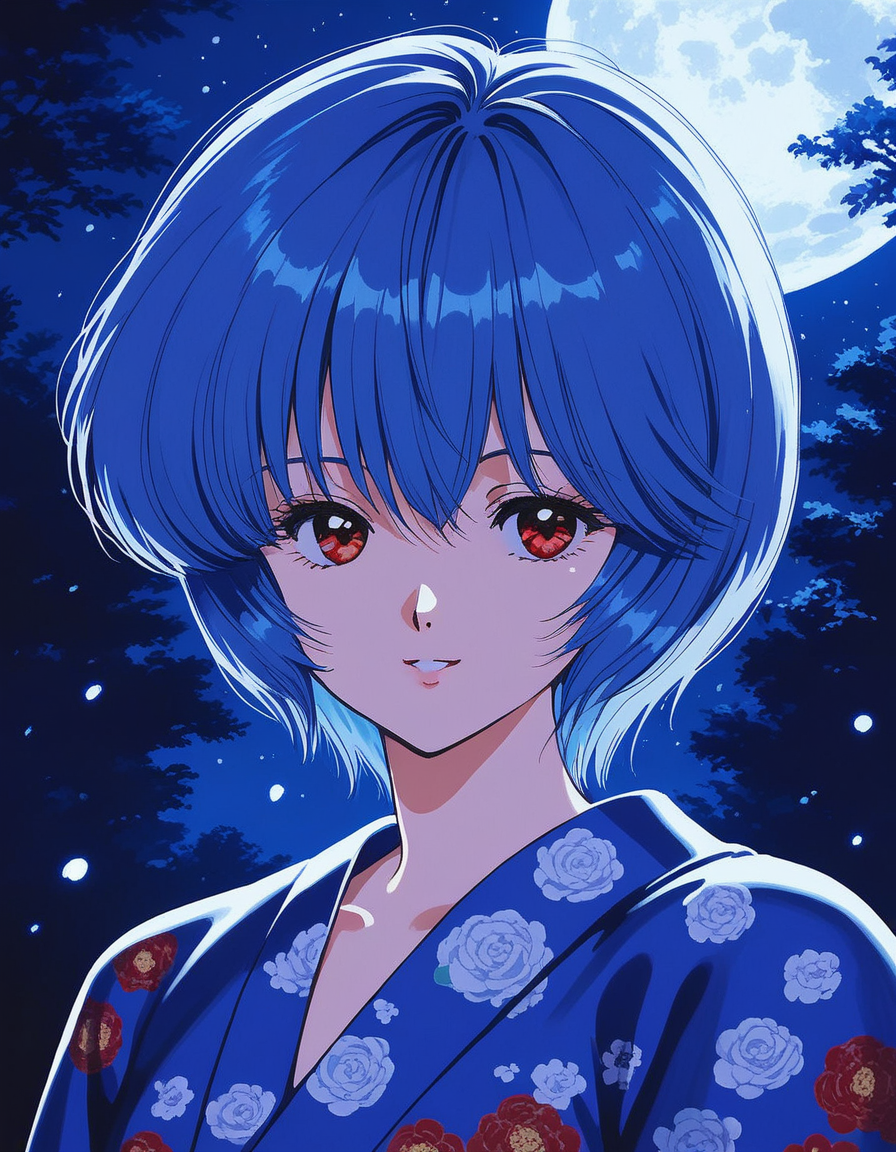 score_9, score_8_up, score_7_up,1girl, short hair, red eyes, blue hair, night, ayanami rei, floral print kimono, park, light smile, portrait, retro artstyle, close-up,  starry sky, moon,