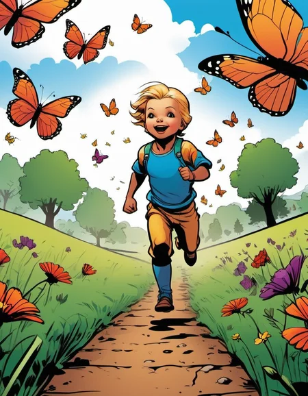 breathtaking graphic novel illustration of A child chasing colorful butterflies in a vibrant meadow. <lora:Graphic_Novel_Illustration-000007:1>