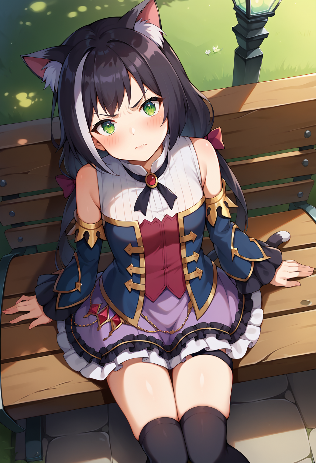score_9, score_7_up, hd, (ultra hd quality details), source_anime, outdoors, veranda, 
solo, 1girl, kyarubase, streaked hair, cat ears, animal ear fluff, low twintails, cat tail,
caldef, hair bow, blue bodice, sleeveless, white shirt, blue detached sleeves, purple skirt, frilled skirt, thigh strap, black thighhighs,
looking at viewer, blush, head tilt, angry, closed mouth,
sitting, from above, bench,
<lora:_karyl_elesico-pony-e19:0.9>