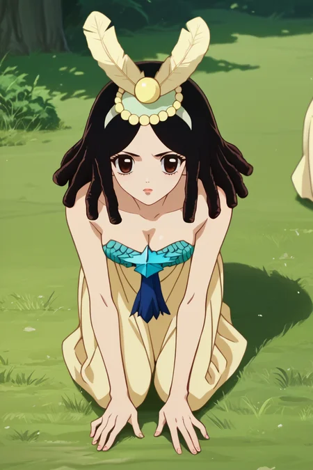 score_9, score_8_up, score_7_up, score_6_up, source_anime BREAK 1girl, solo, <lora:dsamaryllis-pdxl-nvwls-v1-000005:1> dsamaryllis, dreadlocks, medium hair, headdress, detached collar, strapless dress, long dress, cleavage, medium breasts, kneeling, looking at you, all fours, field, trees