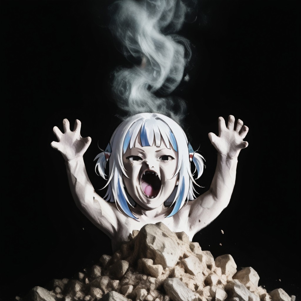 1girl, gawr gura, white hair, blue hair, streaked hair, short hair, shark hair ornament, ashbaby, white skin, black eyes, open mouth, looking at viewer, hands up, arms up, black background, dark background, upper body, rock, smoke,