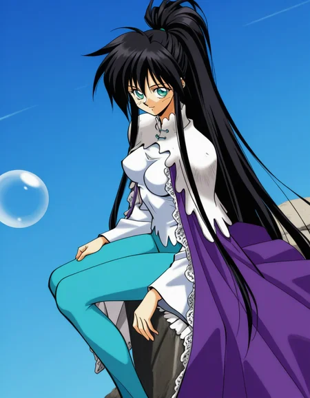 Ryukichi kousyu V3,1990s (style),black hair,very long hair,ponytail,green eyes,purple frilled cape,stone shoulders,wide sleeves,white shirt,aqua pantyhose,bubble,(hat:-1),(emphasis lines:-1),(standing:1.5),from front,facing viewer,front view,front angle shot,shoot from front,straight-on,outdoors,sky,day,(sitting:1.5),(from above:2),(from side:2),
1girl,
light smile,
looking at viewer,
normal breasts,
perky breasts,,explicit,hair between eyes,(bold:3.12),thick outline,black outline,harsh lines,soft lines,deluster,boldline,curvy,slim,skindentation,
(anime screencap),(anime coloring:1.2),anime screenshot, animated painting, animated gif,2d cel anime,anime cap,anime,anime style,anime cel,Cel shading,cel shaded,soft brightness,perfect face,perfect nose, perfect hair, perfect eyes,perfect female body,perfect skin,a face of perfect proportion,perfect lighting,perfect anatomy,perfect proportion,perfect hands,perfect legs,perfect fingers,masterpiece,super fine illustration,(best quality, absurd res, ultra detailed),very aesthetic,absurdres,16k,intricate detail,amazing quality,detailed linework,vibrant colors,kawaii,flat color,
 <lora:è¤å´ç«ç_å°ç¥æ¼ç¾©ç«åå¬ä¸»illustriousV3Fujisaki_Ryu_version_style_Houshin_Engi_Princess_RyukichiillustriousV3-000007:1:0.8>