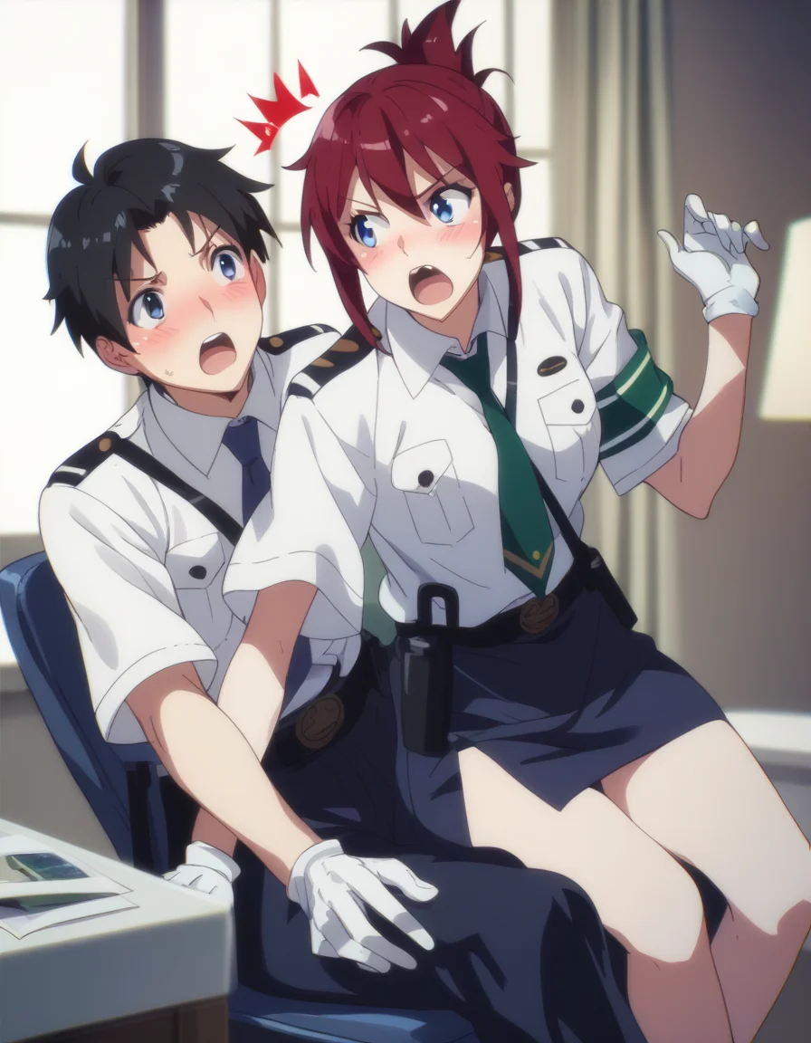 score_9, score_8_up, score_7_up, <lora:sakurai-aoi-ponyxl:0.8> sakuraiaoi, 1girl, blush, open mouth, skirt, gloves, 1boy, green neckwear, dress shirt, indoors