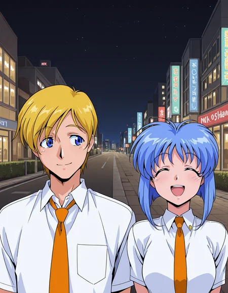 <lora:viper-f40-illustrious-000012:0.75> lilia, (small breasts:0.8), white shirt, orange necktie, m4rk,
1girl, 1boy, happy, sidewalk, city, side-by-side, upper body, night sky