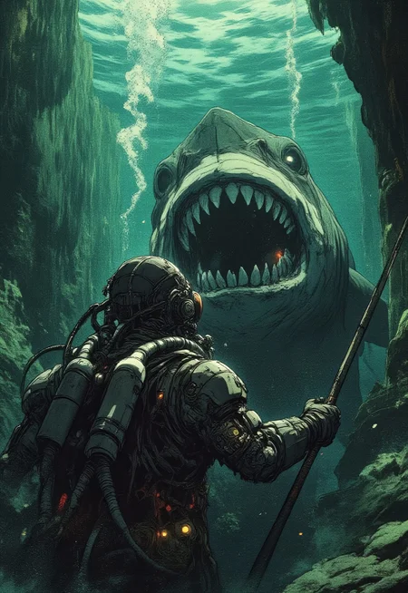 A deep-sea diver in a heavy, retro-futuristic diving suit, armed with a harpoon, faces a monstrous, prehistoric shark in the murky abyss. The water is dark teal with floating particles and eerie lighting filtering from above. The diver's suit has a dieselpunk aesthetic, featuring metallic plates, thick tubes, and a steampunk-like oxygen system. The shark has an unnerving, monstrous grin, emphasizing the tension of the encounter. The scene is painterly, detailed, and atmospheric, evoking a mix of adventure and deep-sea horror