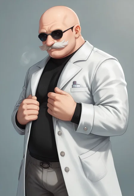 score_9, score_8_up, score_7_up, (best quality:1.1), ultra-detailed, high resolution, 8k,Gerald Robotnik, solo male, bald, white moustache, dark blue-tinted glasses, fat, white lab coat, gray pants, BREAK outside, Rich, Detailed background, ambient light