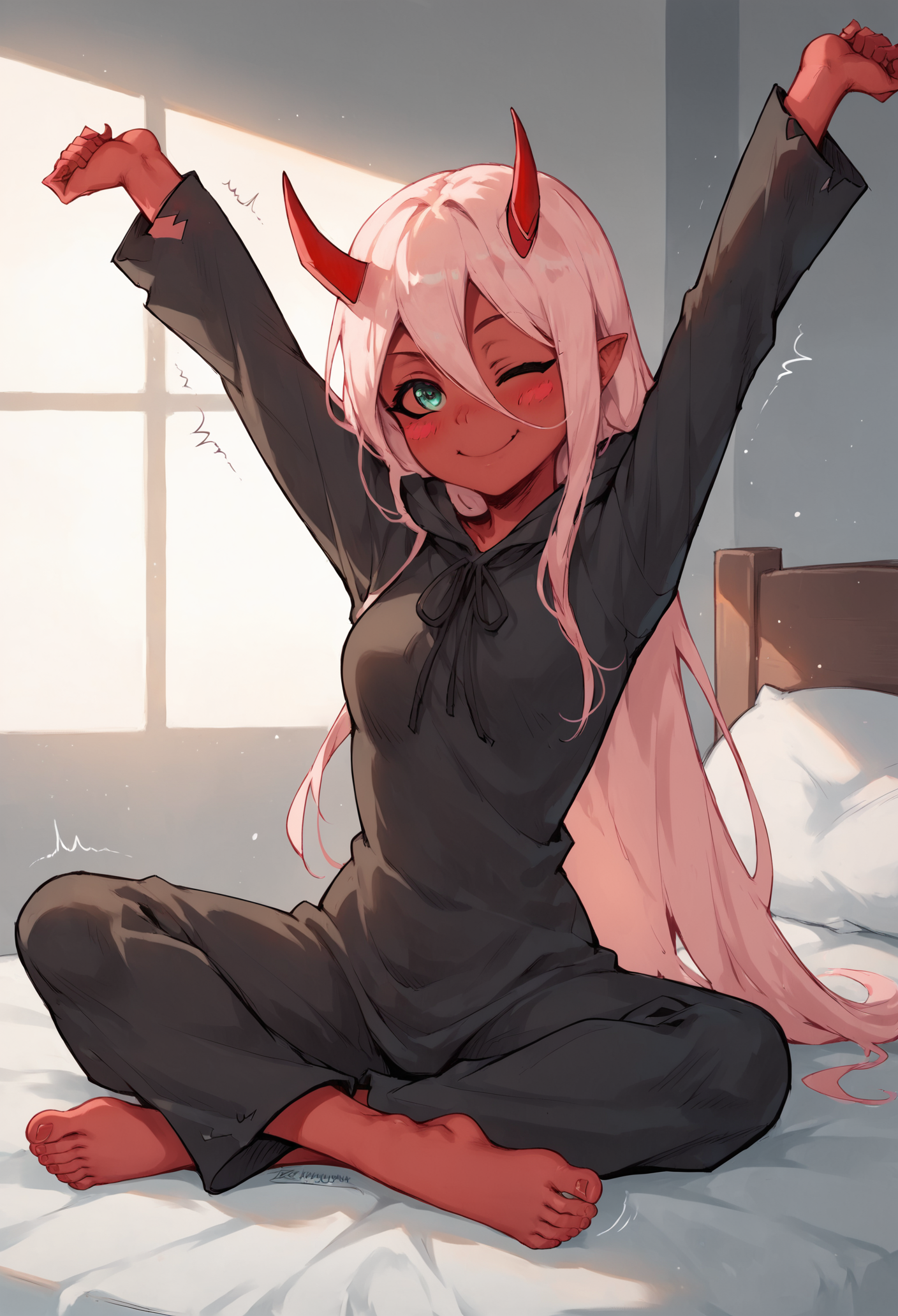 (score_9, score_8_up), score_7_up, score_6_up, score_5_up, score_4_up, Zero Two, 1girl, masterpiece, best quality, long hair, (red skin), red horns, pink hair, green eyes, colored sclera, black pajama, sitting on bed, smile, morning, blushing, closed mouth, stretching, (one eye closed), motion lines, shaking, bedroom, barefoot, <lora:Anime Boys Style SDXL_LoRA_20r_20e_8i_nr32_a16_Pony Diffusion V6 XL:0.7>, <lora:Zero_Two_Oni_XL_Pony_Edition:1>