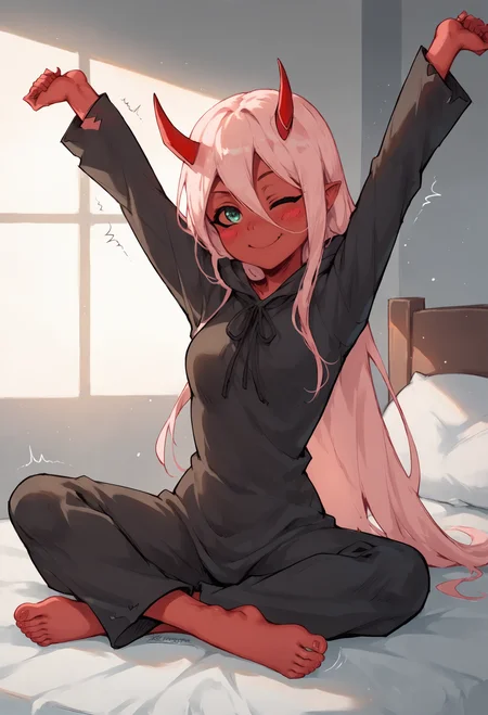 (score_9, score_8_up), score_7_up, score_6_up, score_5_up, score_4_up, Zero Two, 1girl, masterpiece, best quality, long hair, (red skin), red horns, pink hair, green eyes, colored sclera, black pajama, sitting on bed, smile, morning, blushing, closed mouth, stretching, (one eye closed), motion lines, shaking, bedroom, barefoot, <lora:Anime Boys Style SDXL_LoRA_20r_20e_8i_nr32_a16_Pony Diffusion V6 XL:0.7>, <lora:Zero_Two_Oni_XL_Pony_Edition:1>