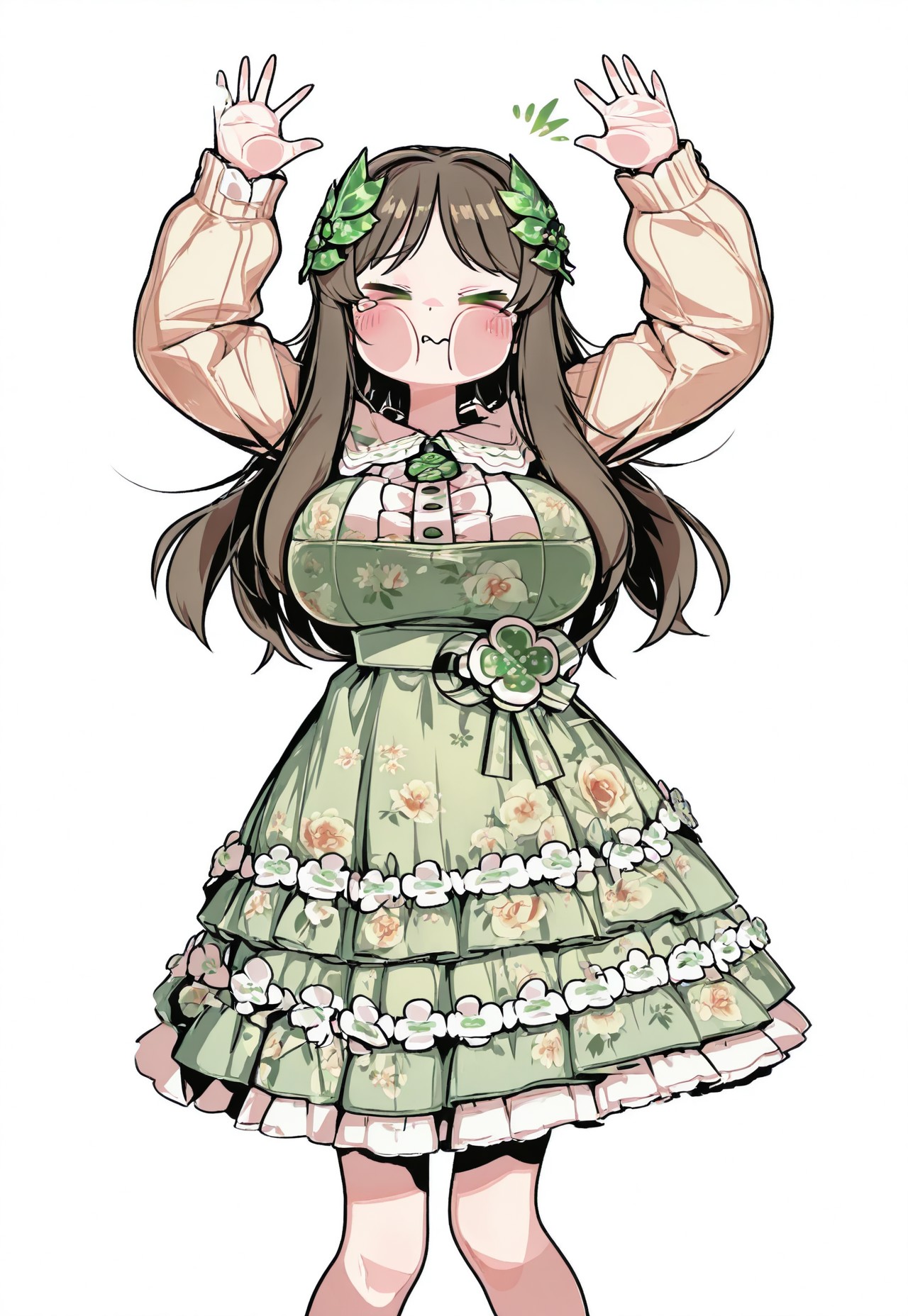 high contrast, masterpiece, best quality, amazing quality, very aesthetic, high resolution, ultra-detailed, 1girl, solo, gweon_sua, long hair, large breasts, brown hair, green eyes, leaf hair ornament, long sleeves, puffy long sleeves, green dress, floral print, frills, frilled dress, clover, xd, > <, closed eyes, screenko