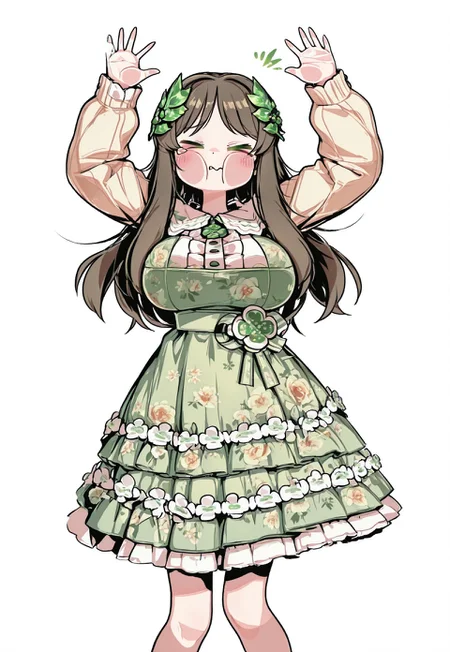 high contrast, masterpiece, best quality, amazing quality, very aesthetic, high resolution, ultra-detailed, 1girl, solo, gweon_sua, long hair, large breasts, brown hair, green eyes, leaf hair ornament, long sleeves, puffy long sleeves, green dress, floral print, frills, frilled dress, clover, xd, > <, closed eyes, screenko