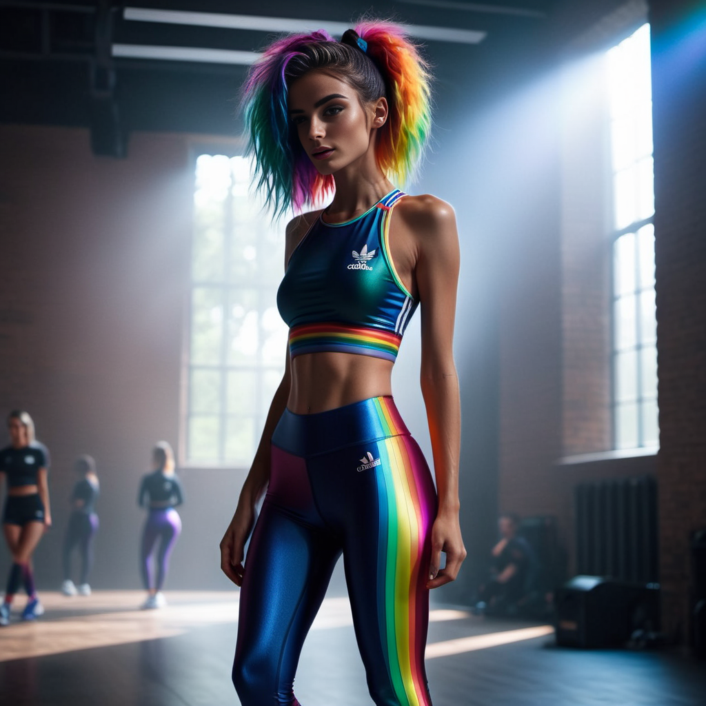 (dark cinematic still, dark vibes) sexy slim skinny one british short women ,unique, wearing  rainbow 
 adidas_spandex_leggings, unique hair styles, 8k uhd, dslr, high quality, photorealistic, realism, hyperrealism,
 <lora:sdxl_spandex_leggings_v2:0.6>