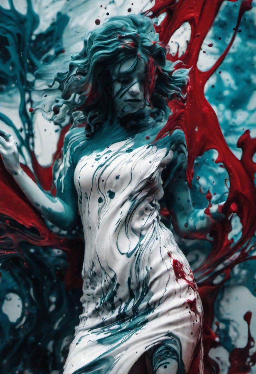  masterpiece, double exposure image by HGHD, Girl, ivory carving technique, graffiti print, Ruined Female Gremlin, torn dress, Magical hair, Hopeful, Vorticism Art, 80mm lens, anaglyph effect, dark red details, liquid vinyl spatter,  dynamic pose, swirling ink