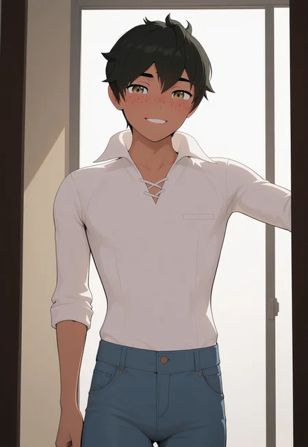 score_9, score_8_up, score_7_up, Masterpiece, Best Quality, beautiful eyes, detailed eyes, male focus, dynamic angle, dim lighting, blush lines, male focus, solo, face focus, front view, seductive smile, teeth, ((cowboy shot)), standing,
((male)), ((mature)), ((adult)), handsome, sexy, ((skinny)), ((slim)), ((slender)), ((twink)), white shirt, tight blue jeans,
Oscar P1ne, dark skin, freckles, hazel eyes, black hair, short hair