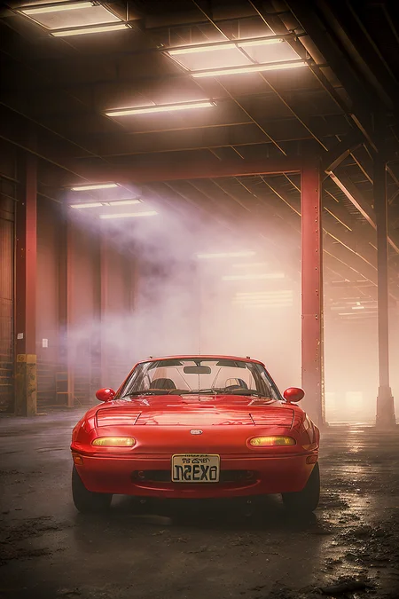 photo of red MazdaMiata in warehouse fog, high quality photo, lens flare, bokeh, 8k resolution, gobo lights, warm ambient light, volumetric light, neon lights, depth of field, analog, foggy atmosphere, lens flares, light bloom, portra 800 film, <lora:MazdaMiatav1:.8>, <lora:analogdiffusion_Lora300:.2>