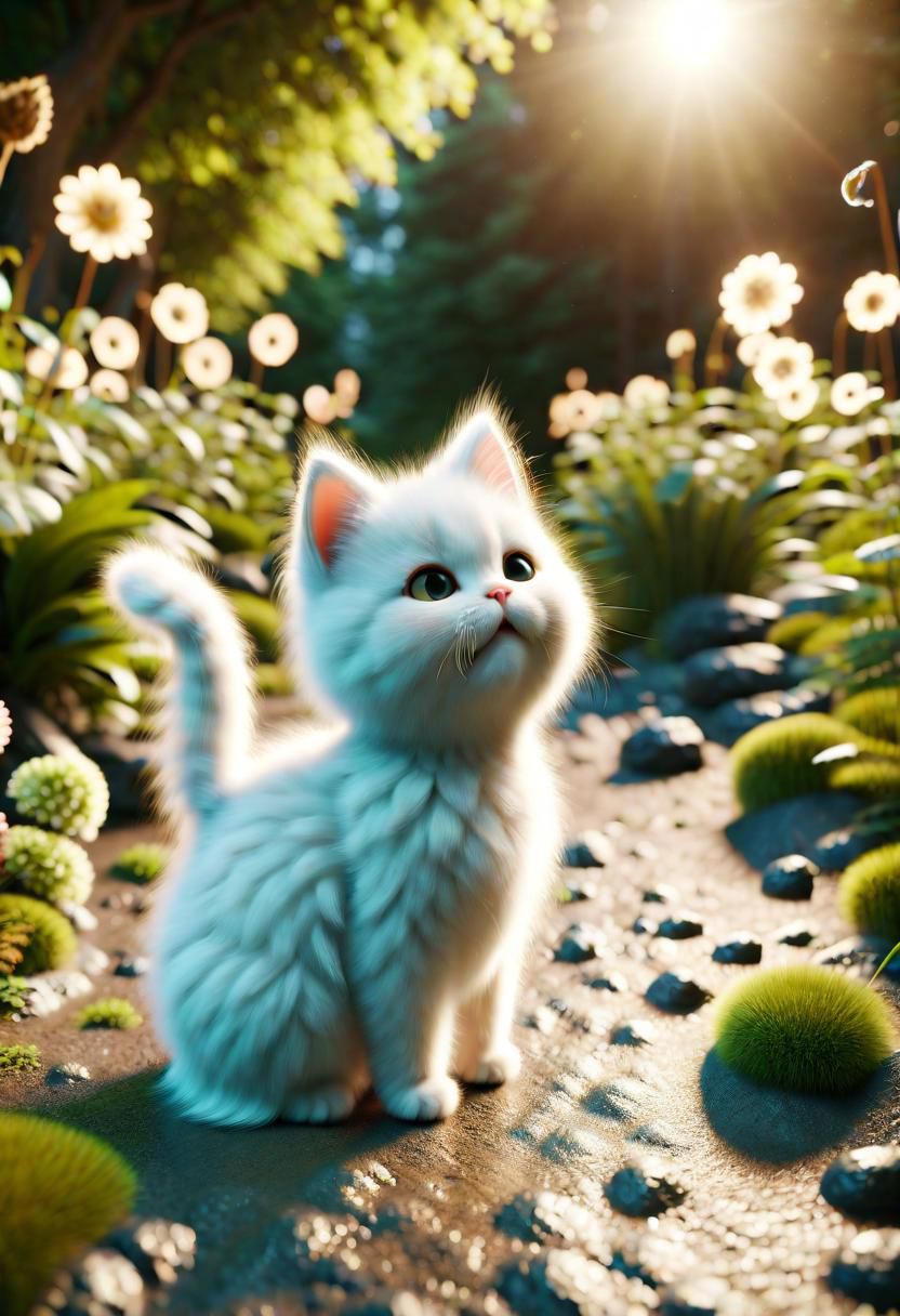 ral-fluff,<lora:ral-fluff:1>,
chibi,masterpiece,best quality,original,official art,metallic cat,hat,flower,blurry background,rendering,beautiful detailed glow,(detailed ice),beautiful detailed water,sunny, blurred flower, happy,grin
