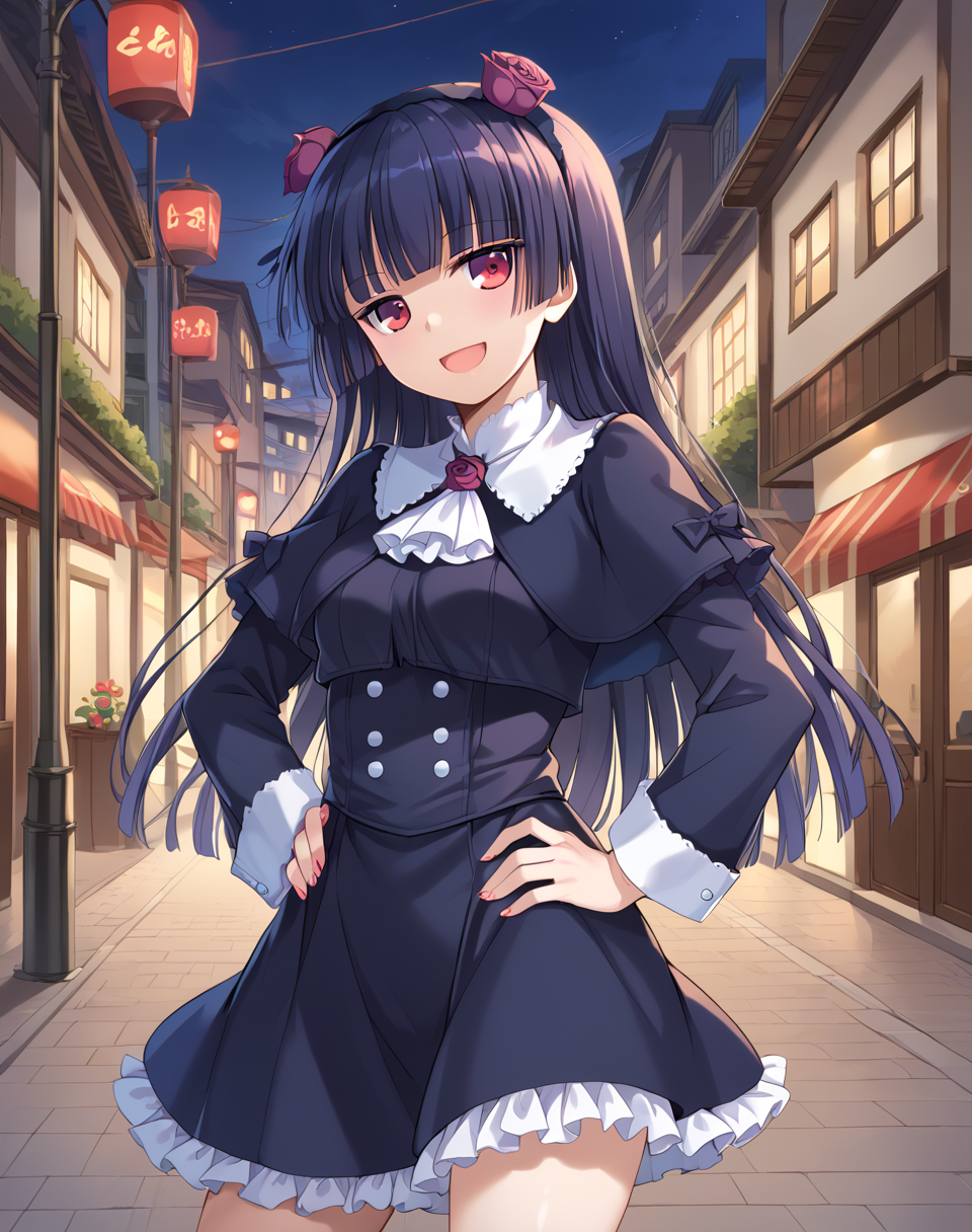 ruri_gokou, black hair, long hair, red eyes, gothic black dress, ascot, capelet, frilled skirt, red roses hairband BREAK outdoors,city street, night BREAK hand on hips, looking at viewer, produ face, open mouth, smile, cowboy shot, dynamic pose, chuunibyou BREAK score_9, score_8_up, score_7_up, source_anime ,zPDXL, perfect hand, <lora:Ruri_Gokou:0.8>
