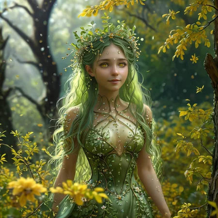 epiCRealism, (masterpiece, extremely detailed, highest quality), the queen of the forest is the most beautiful creature in the woods, cute, sensual, petite with an hourglass figure, wears a see through dress made of tiny interwoven leaves and a crown of flowers, carefree, smiling and happy with beautiful and expressive yellow eyes, open eyes, walking across her glade among flower beds and old oaks and willows, her hair floats behind her catching the wind, her long and green hair is full of small leaves and berries, it is springtime and a storm has just finished leaving trillions of drops, (the air is full of birds, bees, insects and a myriad of small seeds), sunlight, the Sun shines glorious among the heavy stormy clouds sending its rays down to the glade like columns of light