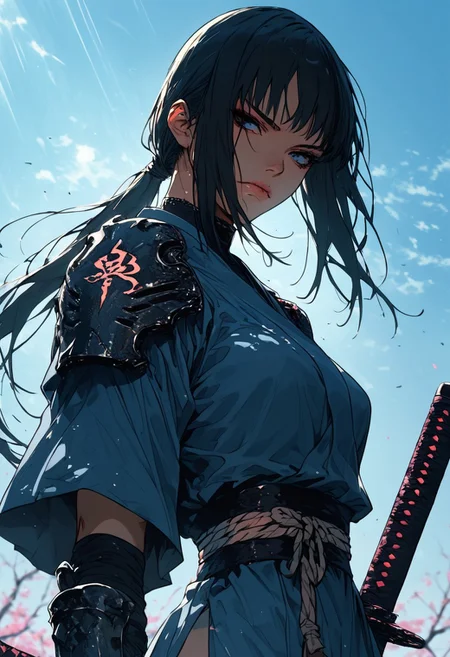 score_9, score_8_up, score_7_up,source_anime, 1girl, armor, weapon, shoulder armor, ponytail, japanese clothes, sword, japanese armor, holding, solo focus, black hair, long hair, sash, holding weapon, outdoors, breasts, kimono, samurai, pauldrons, kote, closed mouth, katana, polearm, rope, arm guards, holding sword, blue kimono, genderswap \(mtf\), solo, sky, medium breasts, obi, rope belt, blood, zPDXL3, detailxl, Score_PnyReal, dynamic lighting,sunrays,medium depth of field,sinozick style,flat color