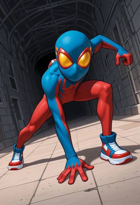 1boy, male focus, cute boy, BaileyBriggs, Mask, Yellow Eyes, Spiderboy Costume, Two-tone Bodysuit, Red Bodysuit, Blue Bodysuit, Red Blue Sneakers, cinematic, intricately detailed illustration, depth of field, masterpiece, best quality, amazing quality, very aesthetic, absurdres, newest, very awa, shadow, dynamic angle, casual cosplay, dynamic pose, action pose,