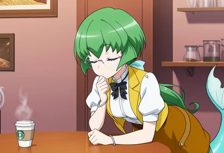 score_9, score_8_up, score_7_up, score_6_up, high resolution, gorgeous, absurdres, best quality, anime screencap, source_anime, official art, 1girl, Coda, green hair, green eyes, long hair, ponytail, hair ribbon, glasses, medium breasts, monster girl, mermaid, mermaid tail, green tail, white shirt, short puffy sleeves, bowtie, frills, yellow vest, brown skirt, bracelet, thinking, closed eyes, hand to chin, sherlock pose, cafe, coffee cup, drinking, facial shot, solo