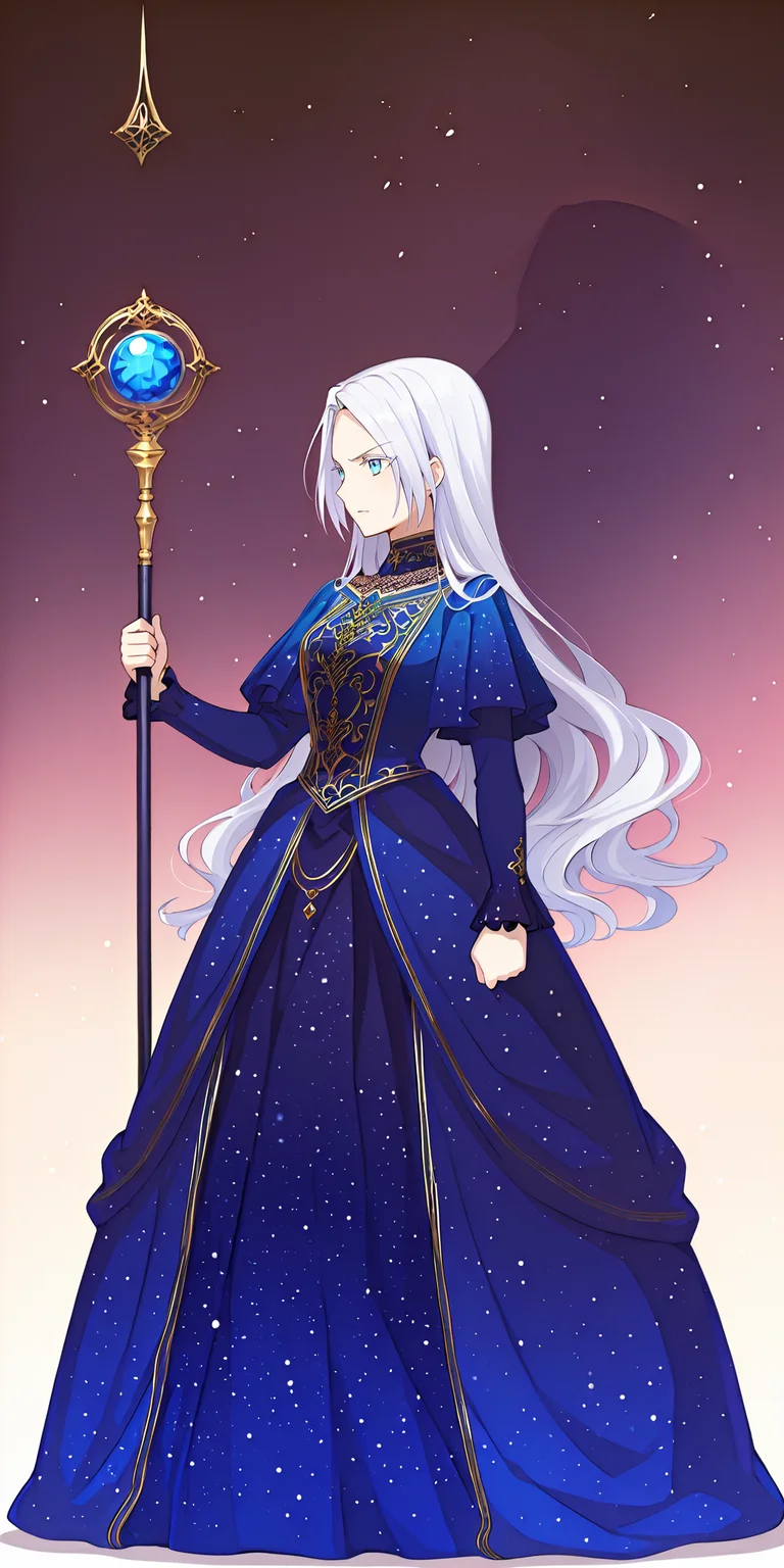 (masterpiece), (best quality), (ultra-detailed), (best illustration), (best shadow), (absurdres), (very aesthetic), 1girl, solo, <lora:Dahlia-éä¸:1>, dahlia-emp, silver hair, azure eyes, long hair, noble dress, fgo sprite, full body, <lora:FGO_Sprite:0.9>, holding scepter, serious, blue gradient background