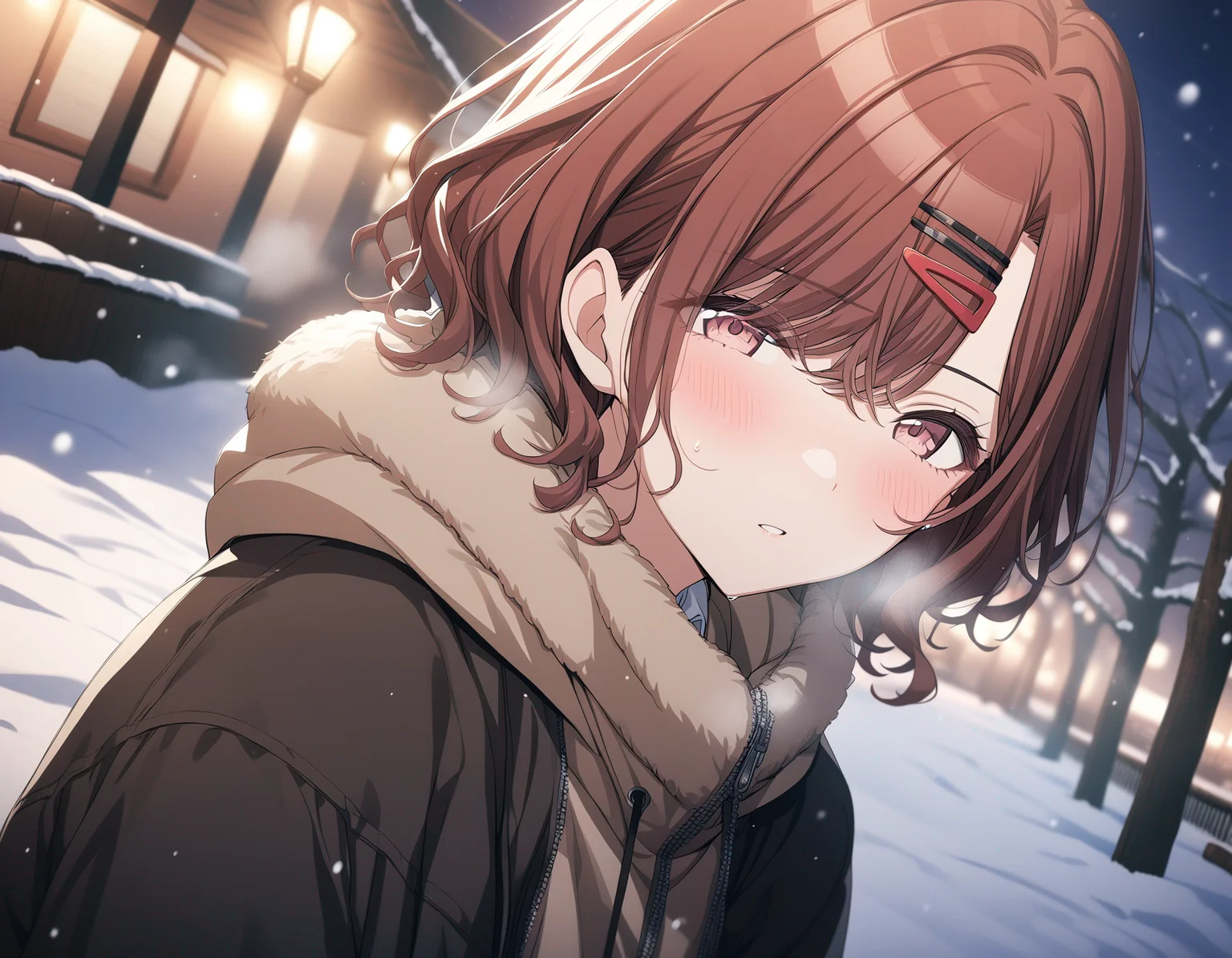 1girl, higuchi madoka, idolmaster shiny colors, game cg, solo, looking viewer, outdoors, night, snow, blush, breath, cinematic angle, masterpiece, best quality
