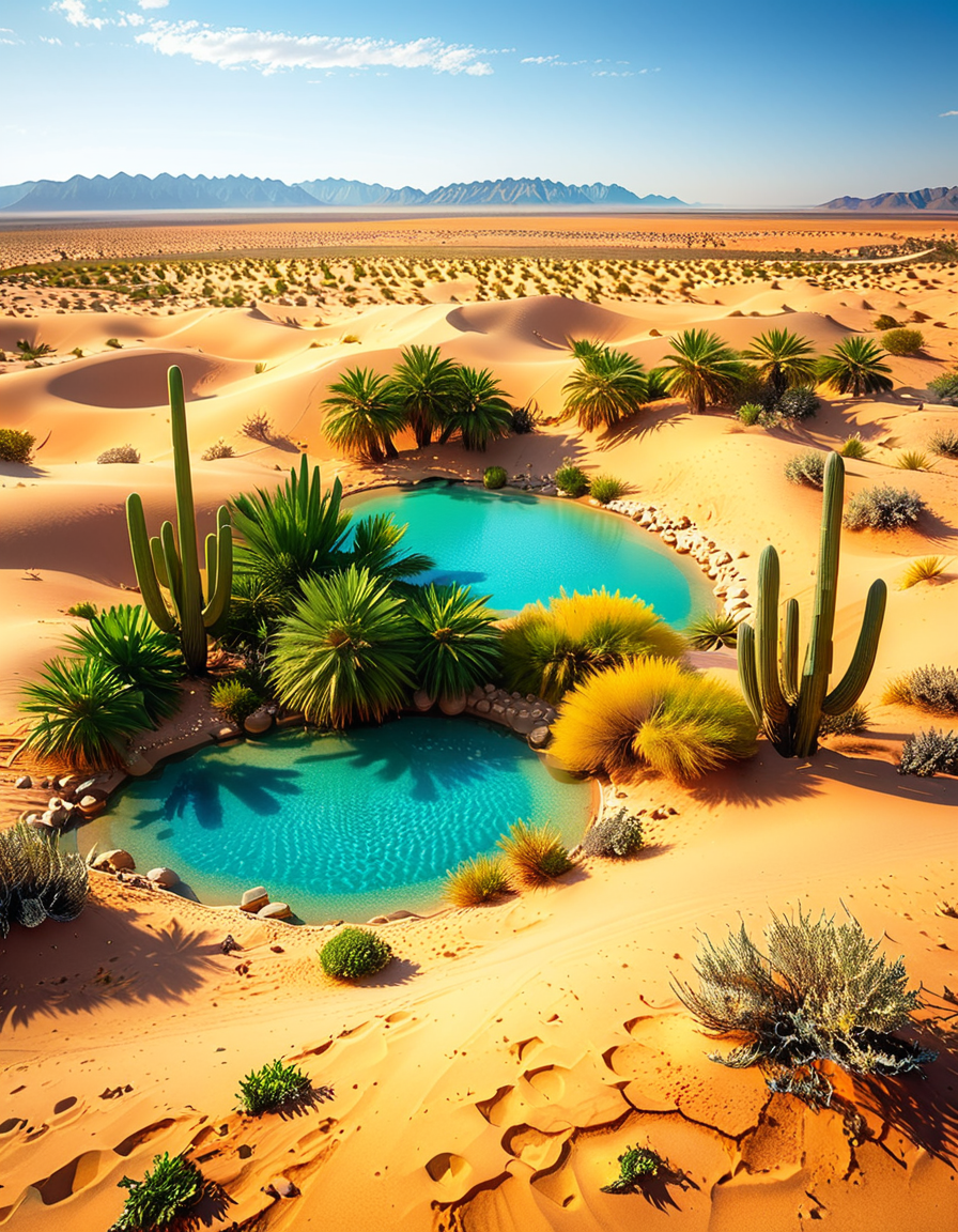 A serene oasis in the middle of an expansive golden desert, surrounded by rolling sand dunes under a vibrant blue sky. The oasis features a small, crystal-clear lagoon with calm, reflective water, bordered by lush green palm trees and colorful tropical plants. The scene is bathed in warm sunlight, with soft golden light illuminating the sand and creating subtle shadows among the dunes. In the background, faint silhouettes of distant mountains blend into the horizon. A few wisps of white clouds drift lazily in the sky, adding depth and texture to the composition. The overall atmosphere is peaceful and tranquil, evoking a sense of calm and wonder in the harsh desert landscape.<lora:SDXLFaeTastic2400:0.4> <lora:extremely_detailed:0.4> extremely detailed, <lora:O4s1s:1>,O4s1s, Masterpiece,best quality,hi res,8k,hi res,8k,award winning,(sharp focus, intricate, highly detailed),