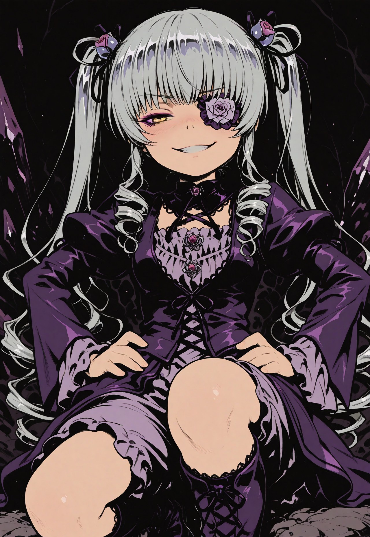 1 girl, ({{shy}}, half-closed eyes, Bala Suisho (Rozen Maiden), petite, silver hair, long hair, thin twin tails, crystal hair jewellery, golden eyes, purple pink eye patch over left eye, purple gothic outfit, long purple boots, anime girl. Girl on her knee, hands on hips, evil grin, upper body, close-up.
sinozick style, flat color, dark theme, in the style of cksc