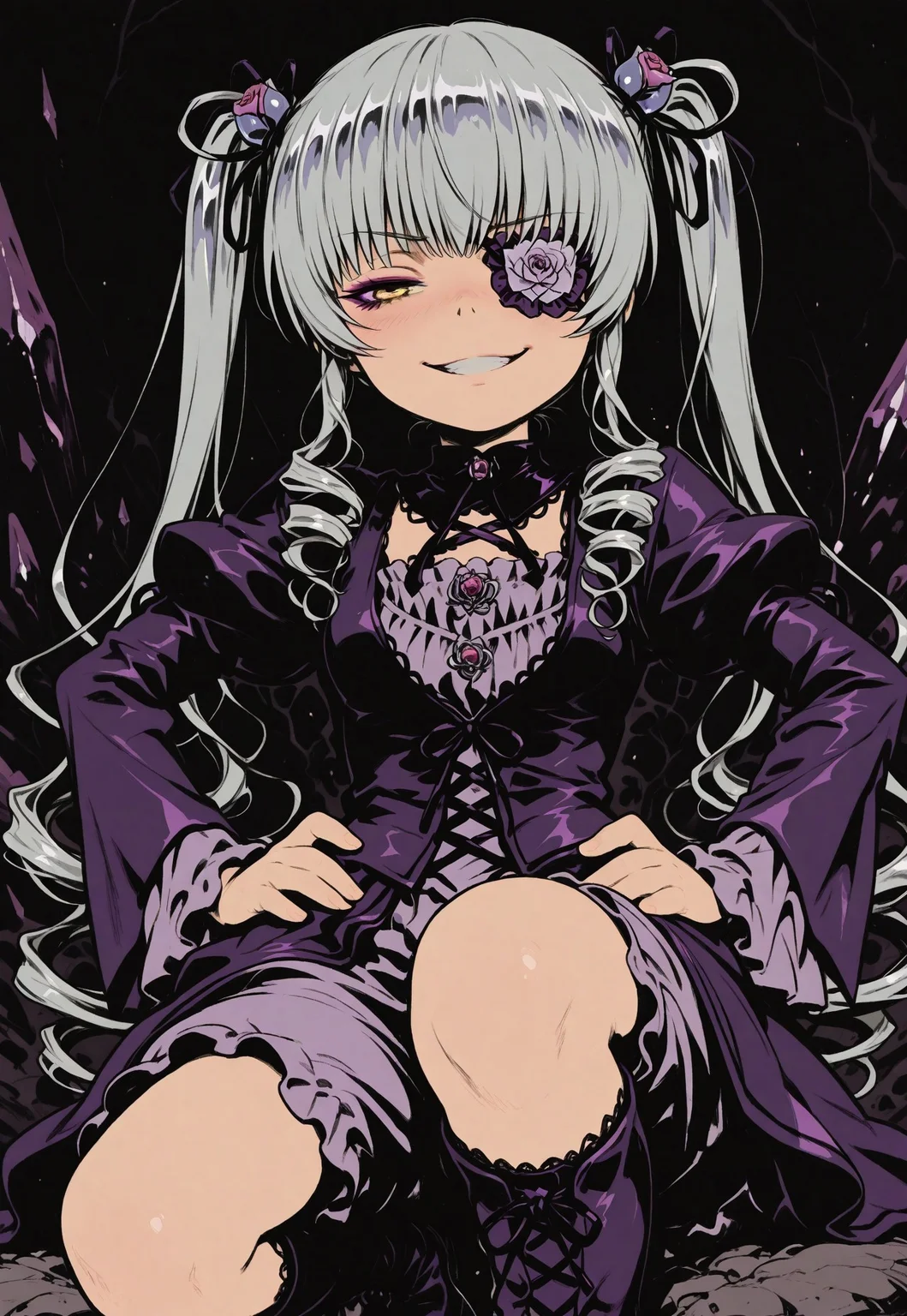 1 girl, ({{shy}}, half-closed eyes, Bala Suisho (Rozen Maiden), petite, silver hair, long hair, thin twin tails, crystal hair jewellery, golden eyes, purple pink eye patch over left eye, purple gothic outfit, long purple boots, anime girl. Girl on her knee, hands on hips, evil grin, upper body, close-up.
sinozick style, flat color, dark theme, in the style of cksc