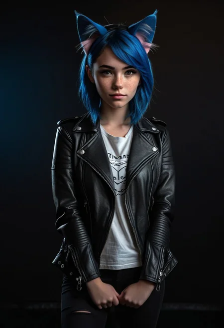(StackedShortstack), shortstack, solo, looking at viewer, shirt, 1girl, animal ears, blue hair, jacket, female focus, cat ears, black jacket, freckles, realistic, leather, leather jacket, cat ears, animal ears, full body, foreshortening, cinematic lighting, cinematic angle, dark, dark background, masterpiece, best quality