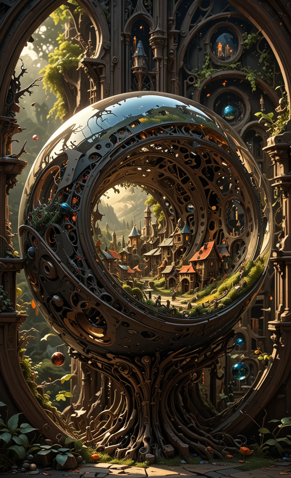 A  glass sphere sculpture, concealed inside the sphere is a Hobbits village, in the day, detailed image, 8k high quality detailed, shaped sphere, amazing wallpaper, digital painting highly detailed, 8k UHD detailed oil painting, beautiful art UHD, focus on full glass sphere, bokeh,  background Modifiers: extremely detailed Award winning photography, fantasy studio lighting, photorealistic very attractive beautiful imperial colours ultra detailed 3D, (Very Intricate), UHD, <lora:3D_Framed_Wall_Art_-_By_DICE:1>, (3D Framed, Macabre)