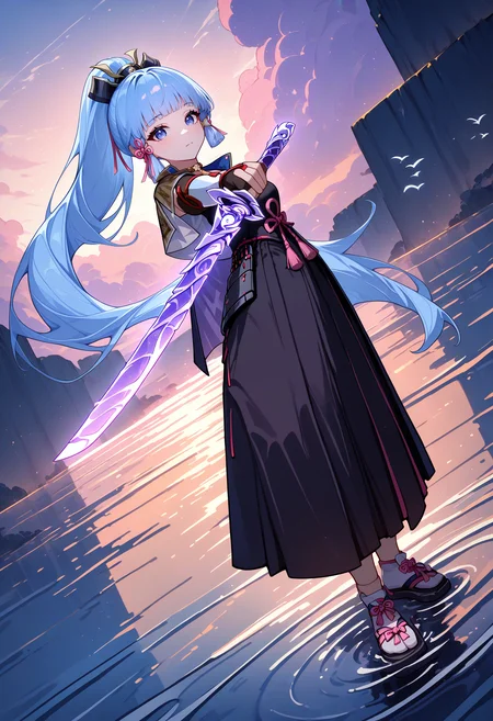 masterpiece, best quality, newest, absurdres, highres, <lora:Detailer_NoobAI_Incrs_v1:1>, detailed, 1girl, kamisato ayaka, holding sword, long hair, blue eyes, ponytail, reflection, bird, cloud, standing on liquid, outdoors, cloudy sky, dutch angle, full body, armor, hair ribbon, closed mouth, water, black gloves, scenery, black hakama, sunset, floating hair, sandals, arm guards, socks, foreshortening, looking at viewer, fighting stance, sword focus, aiming at viewer,
