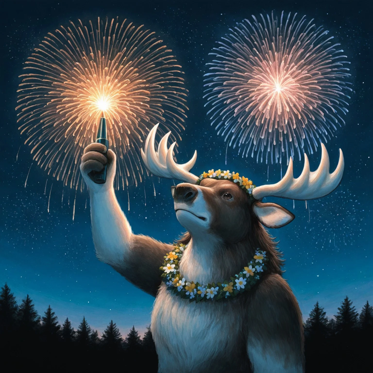 lukch, painting_\(medium\), solo, no humans, moose, moose antlers, upper body, looking up, arm up, fireworks, holding rocket, wreath, flower wreath, summer, night sky