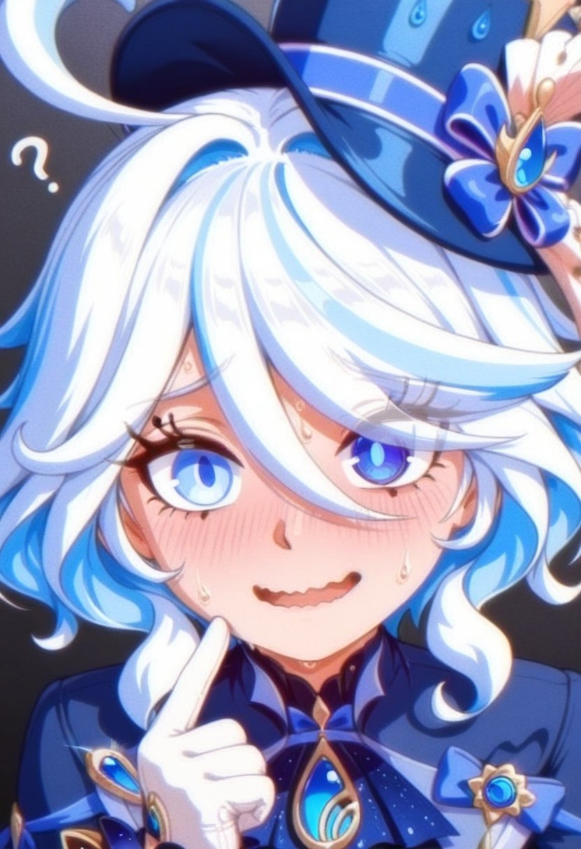 masterpiece, best quality, amazing quality, well drawn, ultra-detailed, 1girl, solo, furina \(genshin impact\), pale skinned female, blue shirt, hat, nervous smile, open mouth, wavy mouth, looking at viewer, pointing at self, ?, (anime screencap), anime screenshot, simple background, gray background, (((upper body))), (sweat), shiny skin, oily, angelauxes style, two tone shading, virant colors