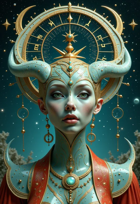 raw photo of an alien queen, celestial astro beauty, astrological calendar, galaxy, stars, crescent moon, relistic, intricate details, whimsical elements, exciting background